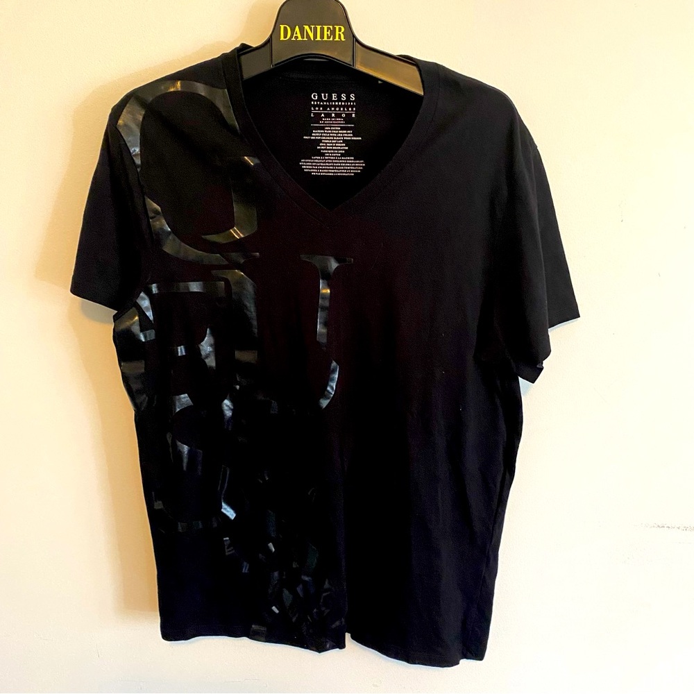 Guess black V neck cotton shirt pit to pit 19” black embossed guess letters